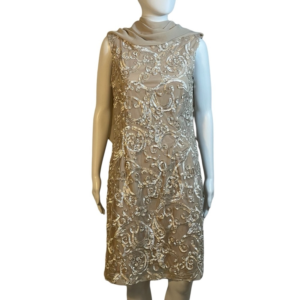 SD Collection Nude Sleeveless Soutache Mesh Chiffon Stretch Cocktail Dress Sz 10
